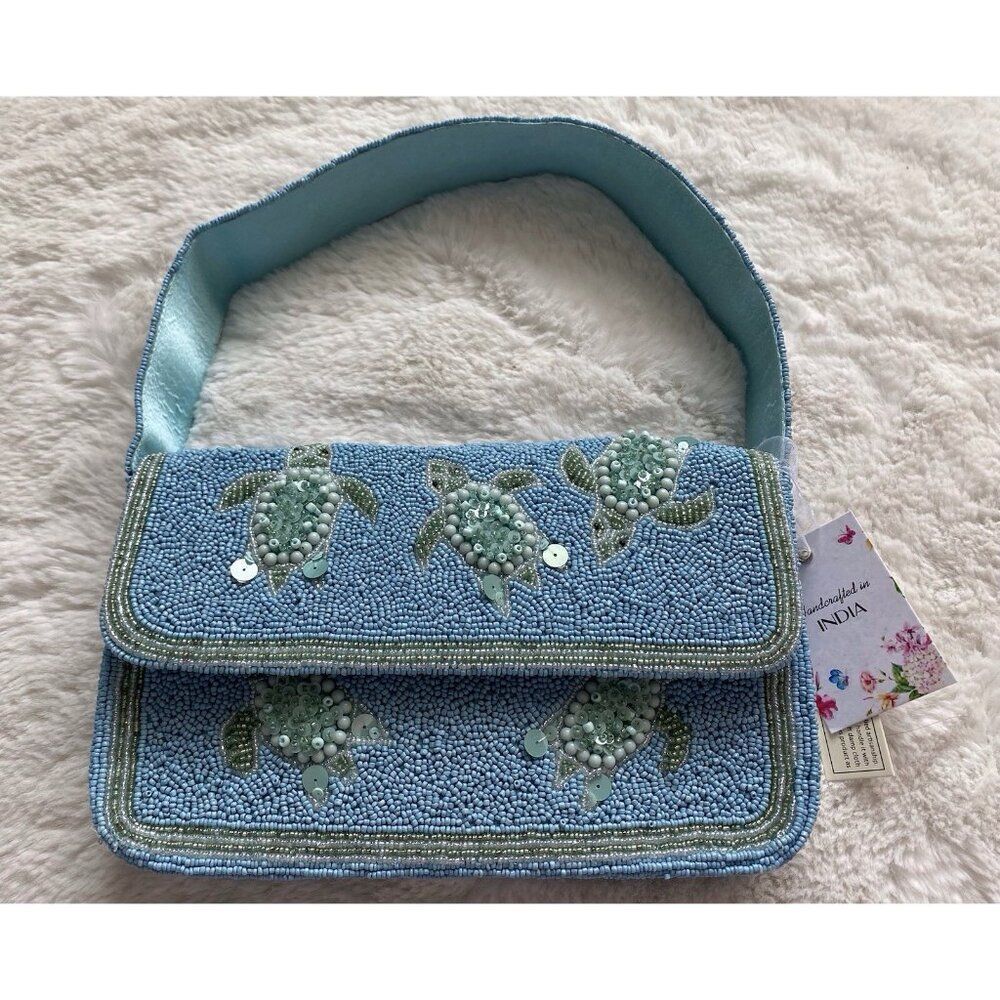 Handcrafted In India Sea Turtle Beaded Shoulder Bag Blue Green Aqua Viral NEW